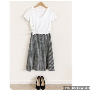 KATHIE LEE BLACK & WHITE GINGHAM BUTTON FRONT MIDI SKIRT VINTAGE STYLE